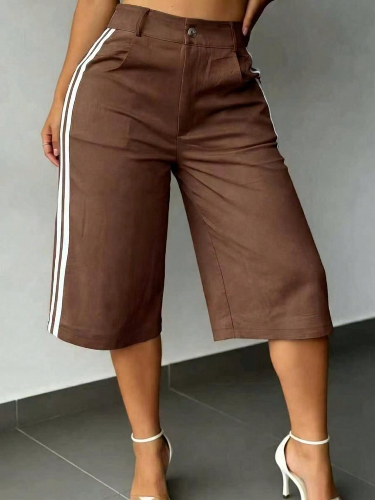 Brown Casual Women's Woven Striped Detailed Bermuda Shorts
